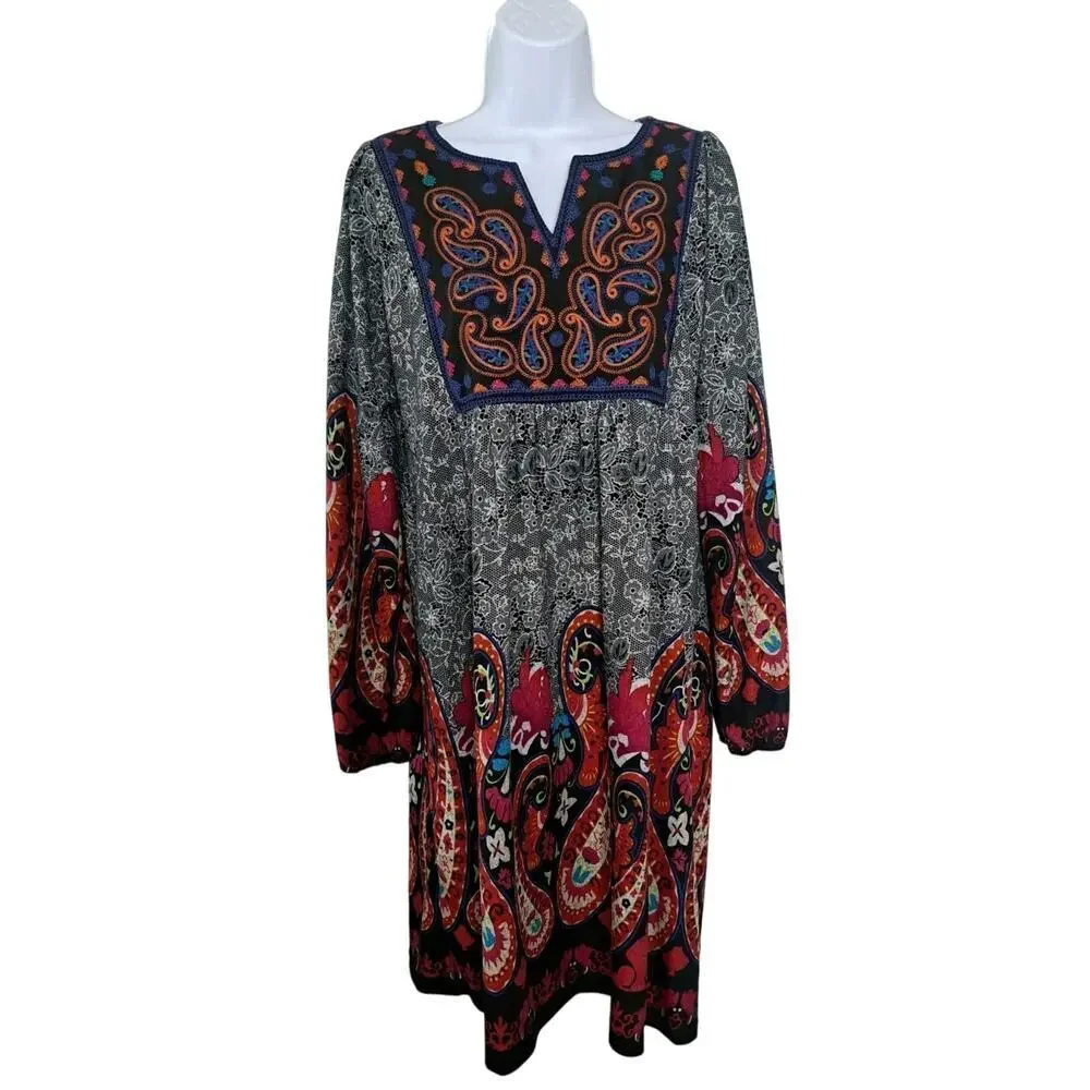 White Mark Boho Dress Womens Large Peasant Colorful Embroidered Paisley Babydoll - Picture 3 of 10